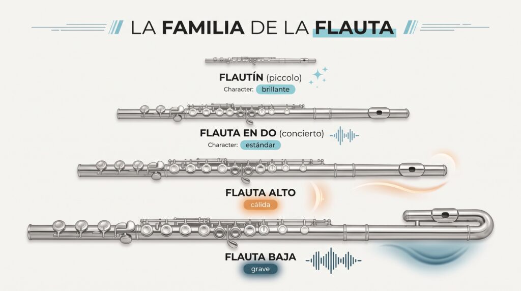 La familia de la flauta traversa a escala: flaut&iacute;n, flauta de concierto, flauta alto y flauta baja