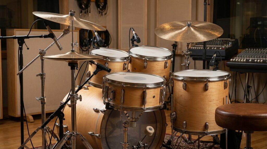 Batería acústica completa con todas sus partes principales en un estudio musical
