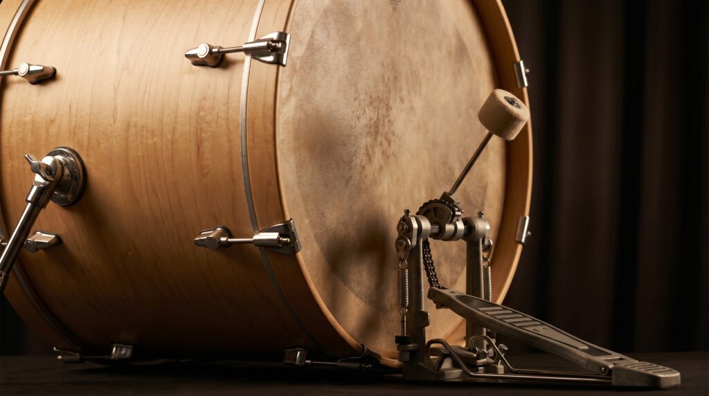 Bombo de bater&iacute;a ac&uacute;stica con pedal y detalles de construcci&oacute;n