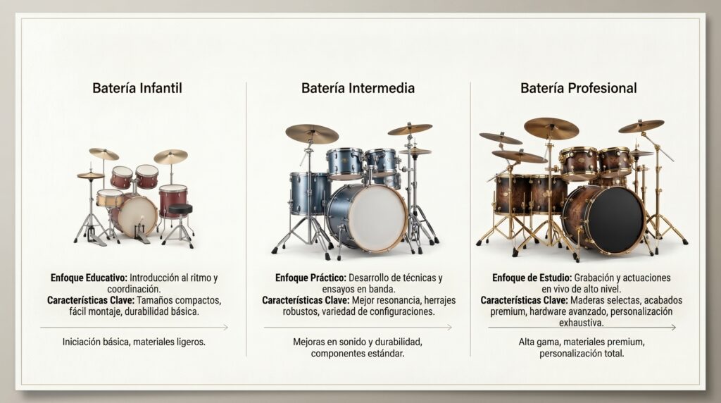 Comparaci&oacute;n visual de precios de bater&iacute;as musicales seg&uacute;n nivel