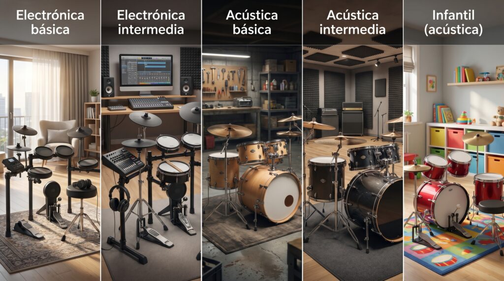 Comparativa visual de tipos de baterías para principiantes: electrónica vs acústica y sus usos.
