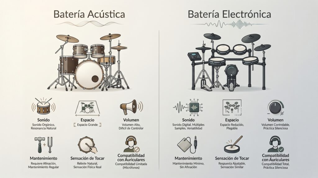 Diferencias entre bater&iacute;a ac&uacute;stica y electr&oacute;nica explicadas visualmente