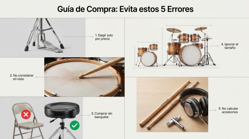 Infografía guía de compra de batería: cómo evitar errores de precio, ruido, banqueta, tamaño y accesorios.