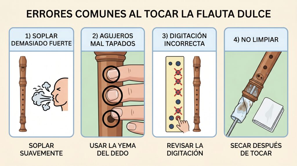 Errores comunes al tocar flauta dulce y soluciones para mejorar el sonido.