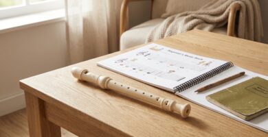 Flauta dulce soprano sobre una mesa con partitura sencilla para principiantes.