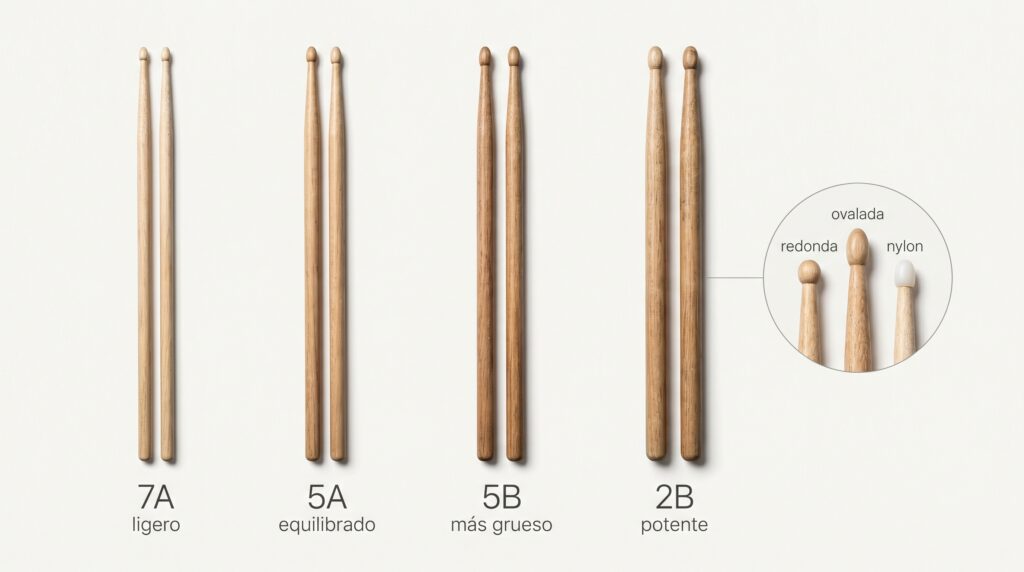 Comparaci&oacute;n visual de medidas de baquetas 7A, 5A, 5B y 2B con diferentes tipos de punta.