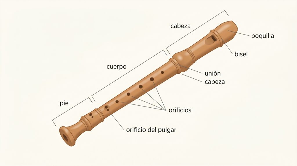 Partes de una flauta dulce con cabeza, cuerpo, pie, boquilla, bisel y orificios señalados.
