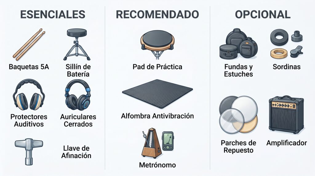 Infograf&iacute;a con accesorios de bater&iacute;a clasificados en indispensables, recomendados y opcionales para principiantes.