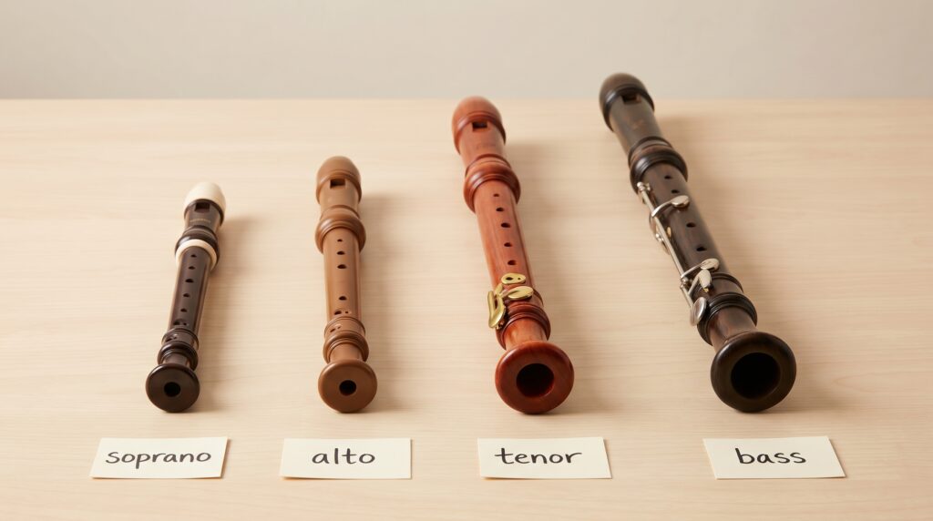 Tipos de flauta dulce ordenados por tamaño: soprano, alto, tenor y bajo.