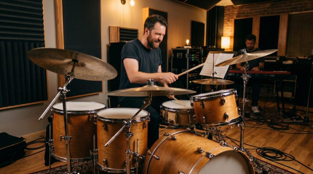 Baterista tocando bater&iacute;a ac&uacute;stica en estudio musical