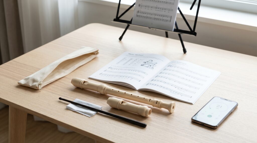 Kit b&aacute;sico para empezar con flauta dulce, con varilla de limpieza, pa&ntilde;o, m&eacute;todo, funda y metr&oacute;nomo.
