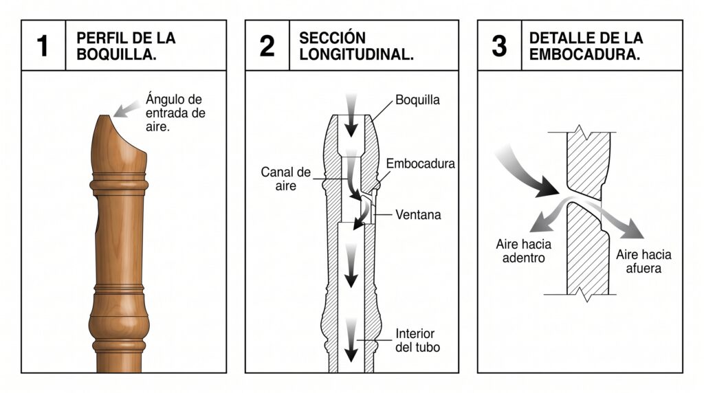 Lámina técnica de la cabeza de la flauta dulce mostrando boquilla, canal de viento, bisel, ventana y recorrido del aire.