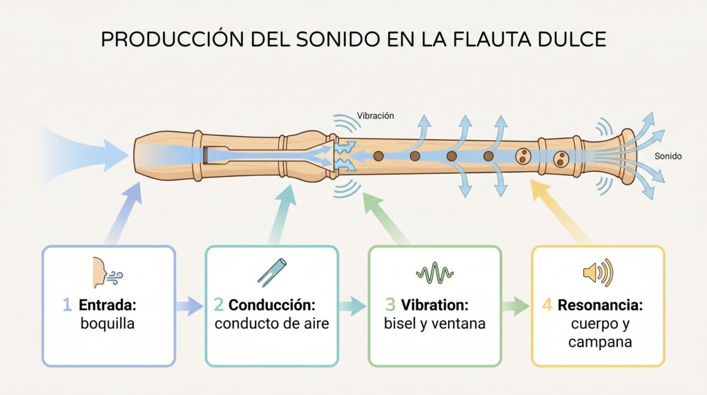 Infografía del recorrido del aire en la flauta dulce desde la boquilla hasta la campana para producir sonido.