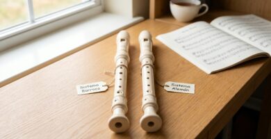 Dos flautas dulces soprano comparadas sobre una mesa para diferenciar el sistema barroco y alem&aacute;n.