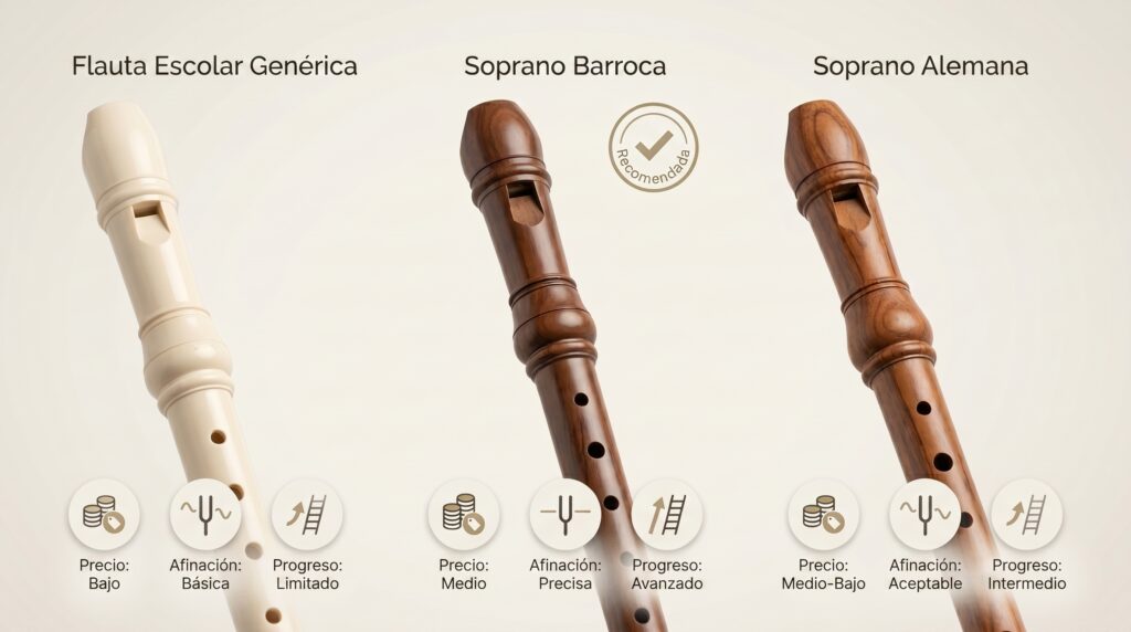 Comparativa visual entre flauta escolar gen&eacute;rica, flauta dulce barroca y flauta dulce alemana.