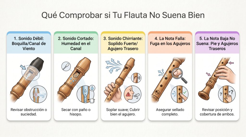 Guía visual para identificar qué parte de la flauta dulce revisar si el sonido sale débil, cortado o desafinado.