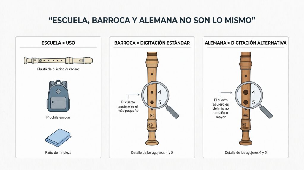 Infograf&iacute;a que diferencia flauta escolar, flauta barroca y flauta alemana para principiantes.
