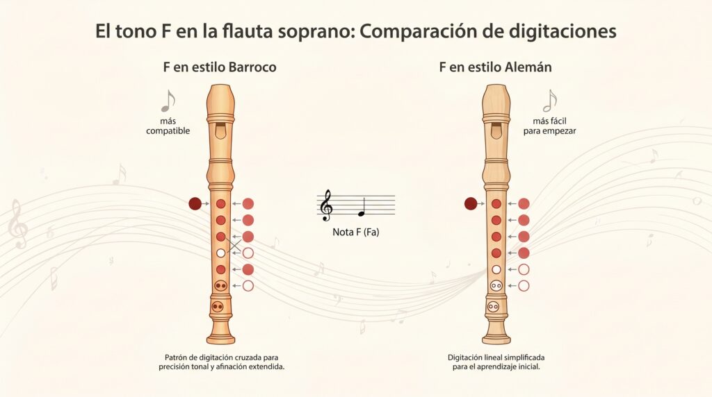 Comparaci&oacute;n visual de la digitaci&oacute;n de la nota Fa en flauta dulce barroca y alemana.