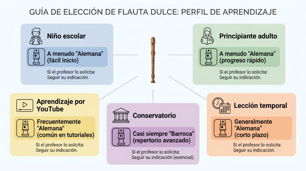 Gu&iacute;a visual para elegir flauta dulce barroca o alemana seg&uacute;n edad, nivel y forma de aprendizaje.