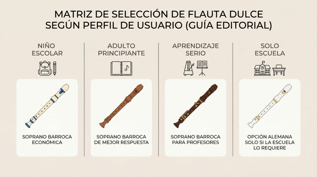 Matriz visual para elegir una flauta dulce seg&uacute;n edad, presupuesto y objetivo de aprendizaje.