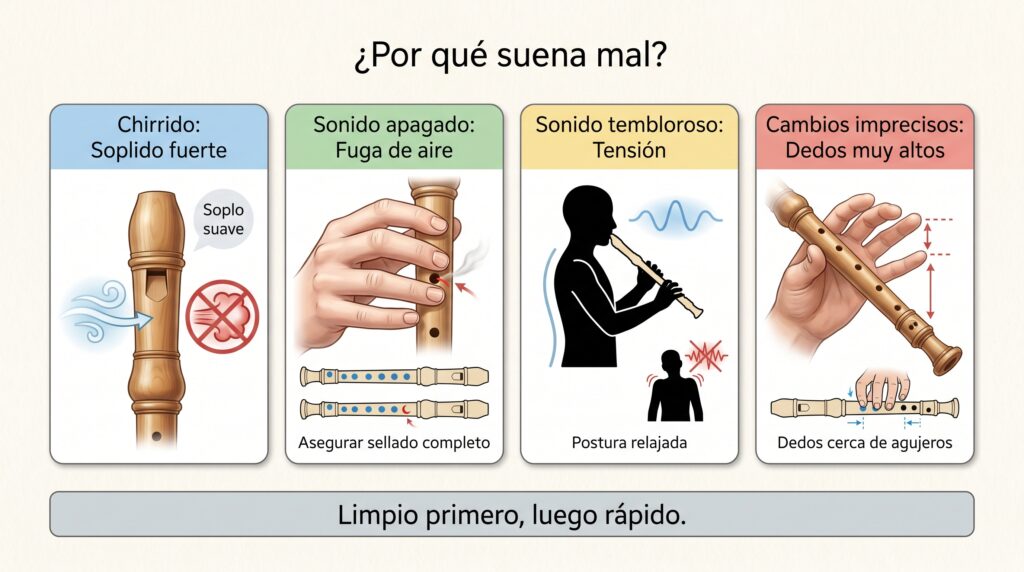 Guía visual con errores comunes al tocar flauta dulce y soluciones para mejorar el sonido.