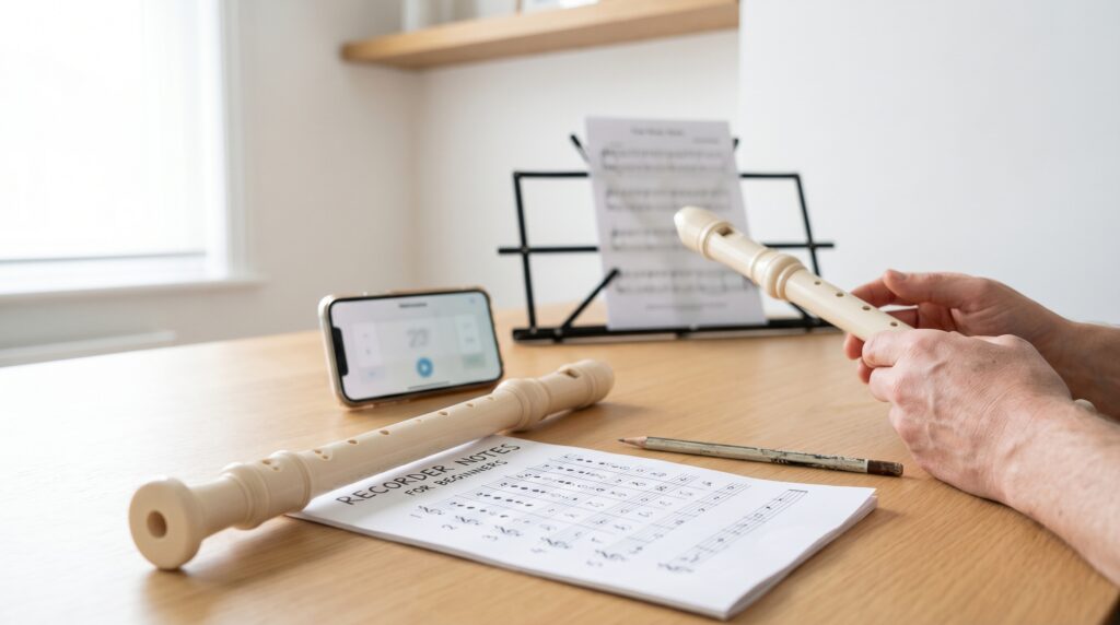 Flauta dulce soprano con tabla de posiciones y metrónomo para practicar las primeras notas.