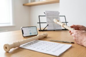 Flauta dulce soprano con tabla de posiciones y metrónomo para practicar las primeras notas.