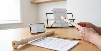 Flauta dulce soprano con tabla de posiciones y metr&oacute;nomo para practicar las primeras notas.