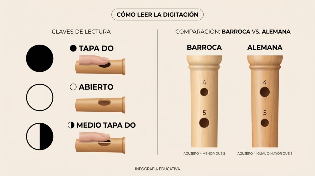 Infografía que explica los símbolos de una tabla de posiciones y la diferencia entre flauta dulce barroca y alemana.
