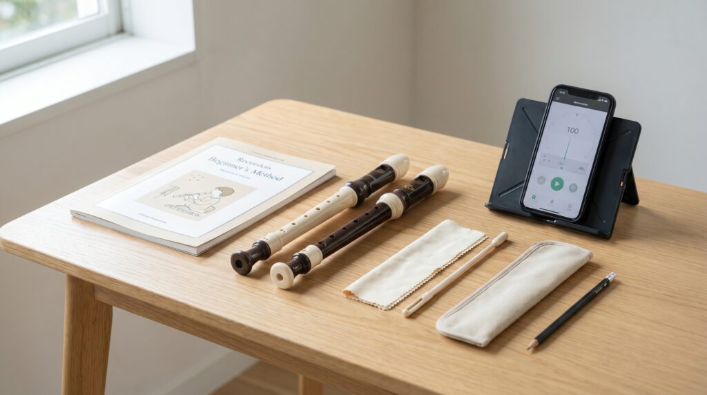 Material básico para practicar flauta dulce en casa con flauta, método, atril, metrónomo y kit de limpieza.
