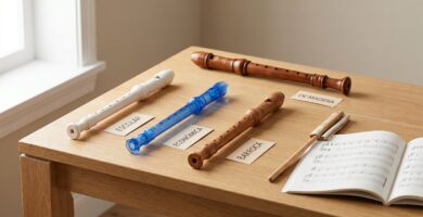 Flautas dulces para principiantes comparadas sobre una mesa con modelos de plástico y madera.