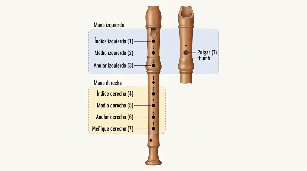 Esquema de los orificios de la flauta dulce soprano con numeración y dedos de cada mano.