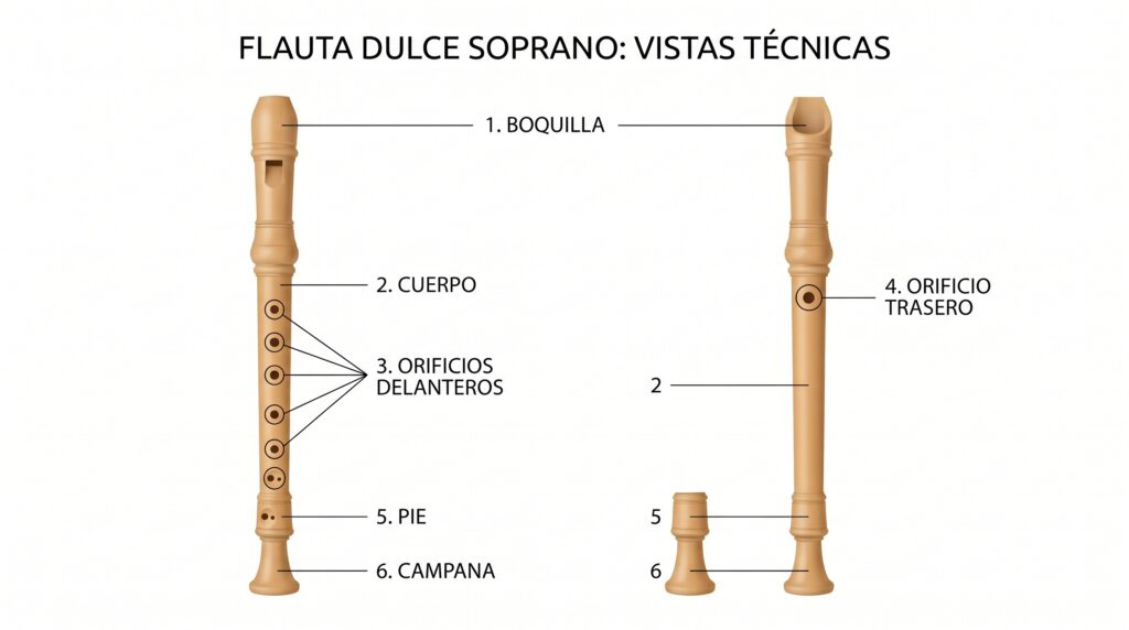 Vista frontal y posterior de una flauta dulce con boquilla, cuerpo, orificios frontales, orificio trasero, pie y campana señalados.