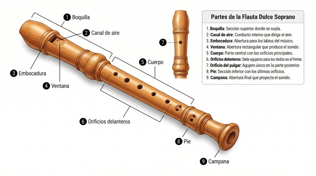 Flauta dulce soprano con sus partes principales numeradas: boquilla, canal de viento, bisel, ventana, cuerpo, orificios, pie y campana.