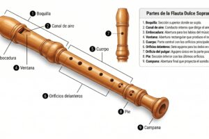 Flauta dulce soprano con sus partes principales numeradas: boquilla, canal de viento, bisel, ventana, cuerpo, orificios, pie y campana.
