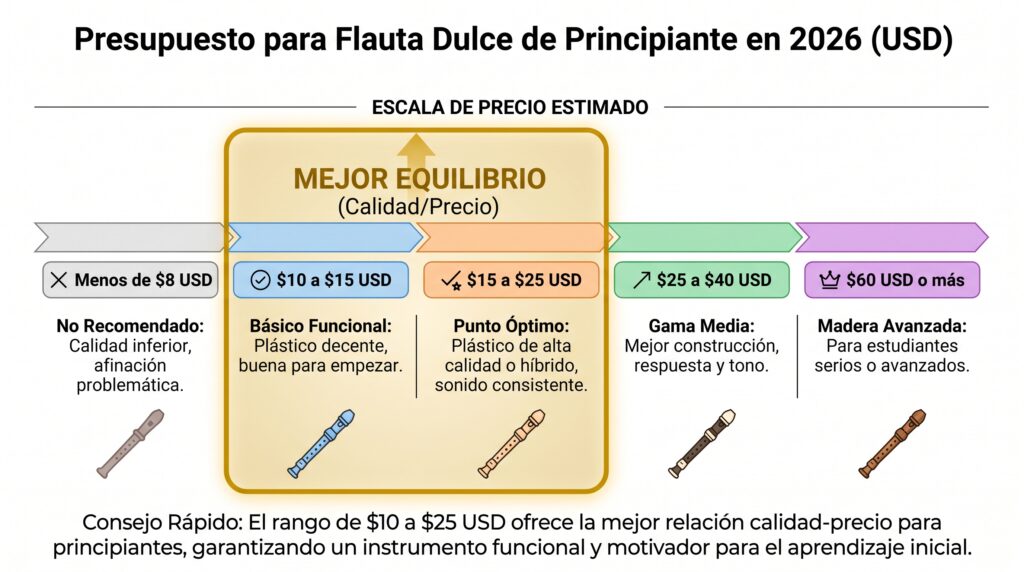 Infograf&iacute;a de precios para comprar una flauta dulce de principiante en 2026.