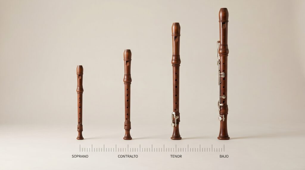 Comparativa de flautas dulces soprano, contralto, tenor y bajo mostrando diferencias de tamaño, orificios y llaves.