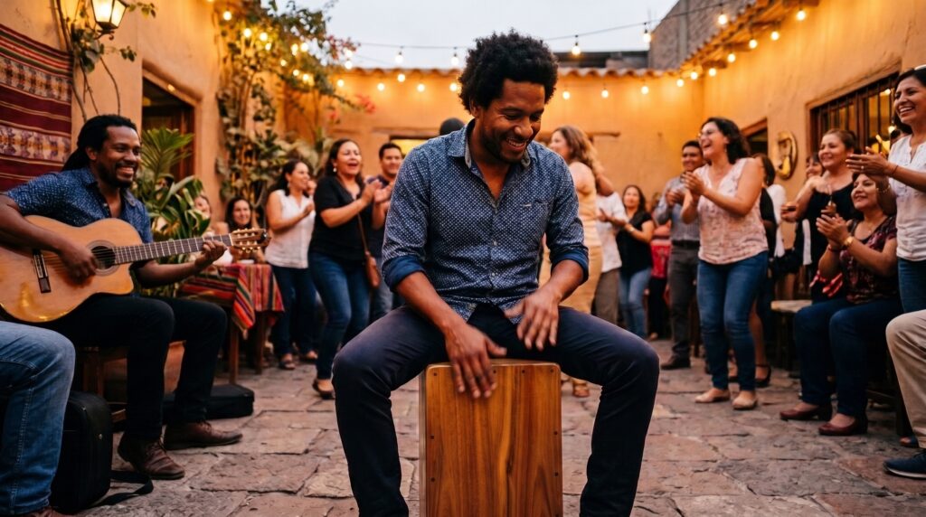 Cajonero afroperuano tocando en una fiesta criolla al atardecer, con guitarra y palmas al fondo