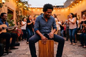 Cajonero afroperuano tocando en una fiesta criolla al atardecer, con guitarra y palmas al fondo