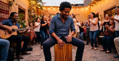 Cajonero afroperuano tocando en una fiesta criolla al atardecer, con guitarra y palmas al fondo
