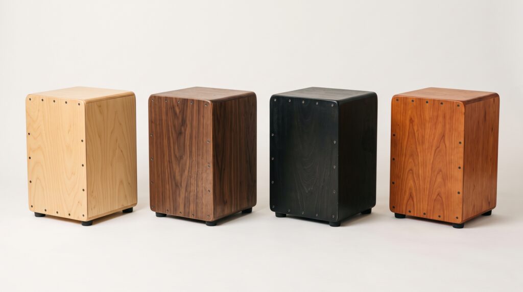 Cuatro cajones peruanos de distintos colores y acabados de madera alineados sobre fondo neutro