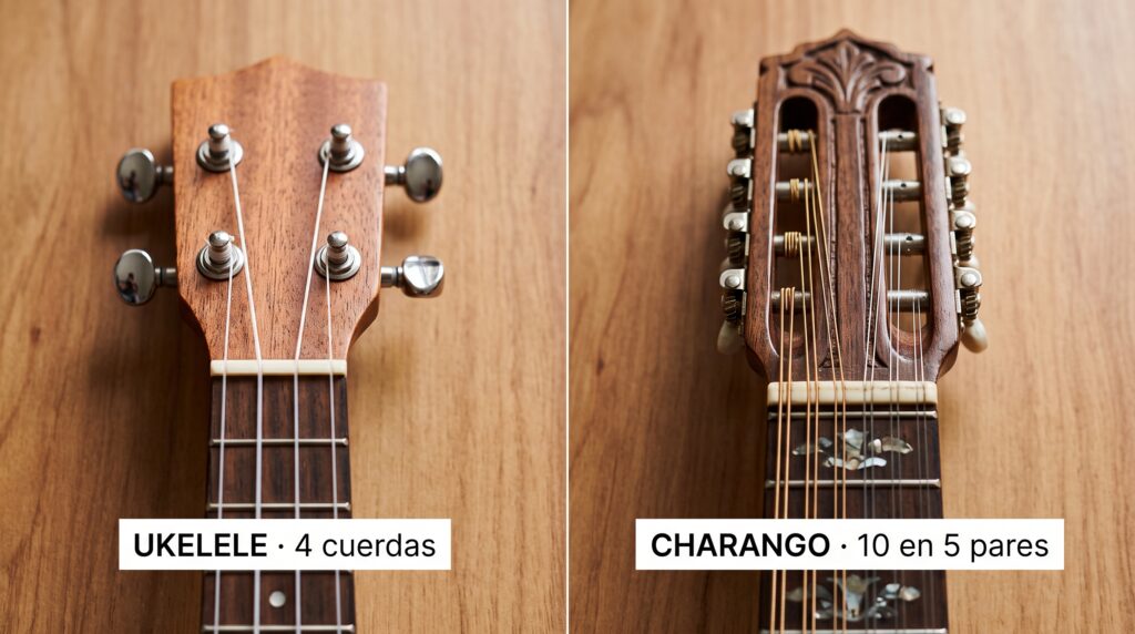 Detalle comparativo de las 4 cuerdas del ukelele frente a las 10 cuerdas en cinco pares del charango