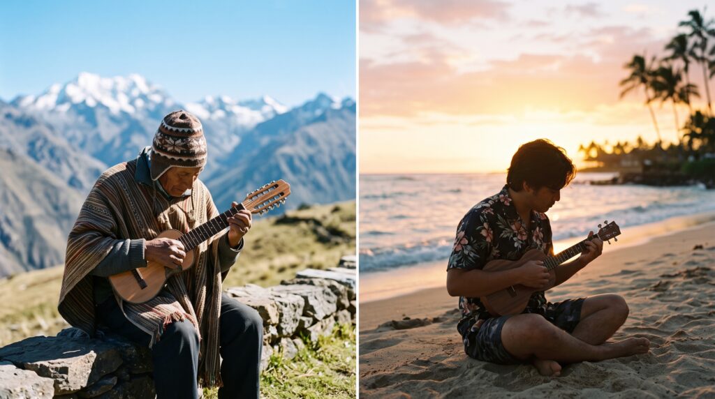 Charango en un paisaje andino frente a un ukelele en una playa tropical, sus dos or&iacute;genes opuestos