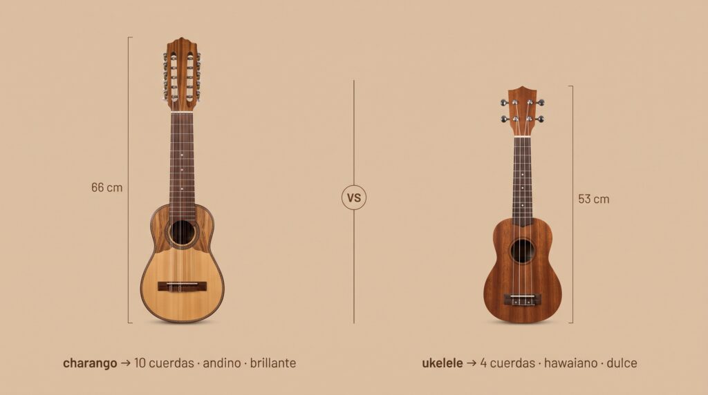 Comparativa de tamaño entre un charango andino de 10 cuerdas y un ukelele soprano de 4 cuerdas