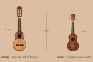 Comparativa de tama&ntilde;o entre un charango andino de 10 cuerdas y un ukelele soprano de 4 cuerdas