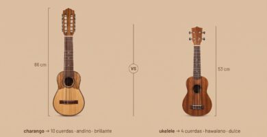 Comparativa de tamaño entre un charango andino de 10 cuerdas y un ukelele soprano de 4 cuerdas