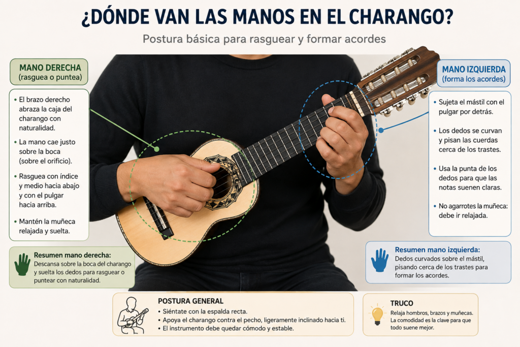 dónde colocar la mano derecha para rasguear y puntear, y cómo posicionar la mano izquierda en el mástil para formar acordes correctamente.