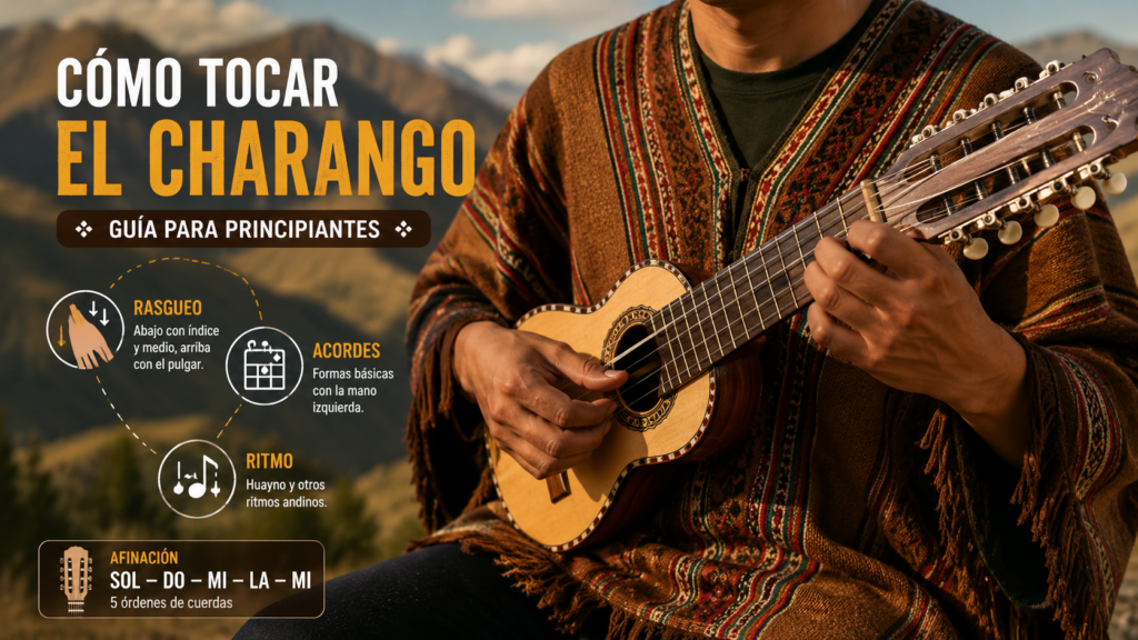 Persona tocando un charango con indicaciones de rasgueo, acordes, ritmo y afinación en un paisaje andino
