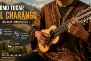 Persona tocando un charango con indicaciones de rasgueo, acordes, ritmo y afinaci&oacute;n en un paisaje andino