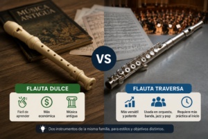 Comparación entre flauta dulce y flauta traversa, mostrando sus diferencias, facilidad de aprendizaje, precio y usos musicales.